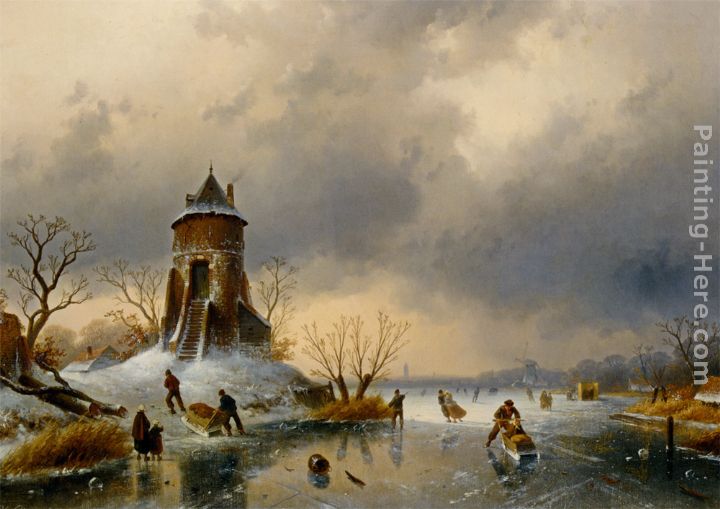 A Winter Landscape with Skaters on the Ice painting - Charles Henri Joseph Leickert A Winter Landscape with Skaters on the Ice art painting